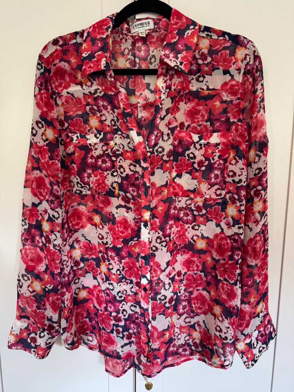Express Portofino Shirt XL Pink Red Floral Button Down Blouse
